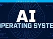 AI Operating System concept art with stylized brain made of glowing blue circuit lines on a dark navy background, representing connected AI agents for mid-size businesses