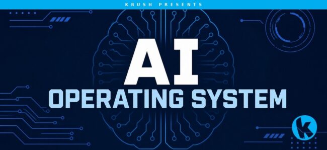 AI Operating System concept art with stylized brain made of glowing blue circuit lines on a dark navy background, representing connected AI agents for mid-size businesses