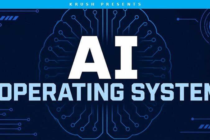 AI Operating System concept art with stylized brain made of glowing blue circuit lines on a dark navy background, representing connected AI agents for mid-size businesses