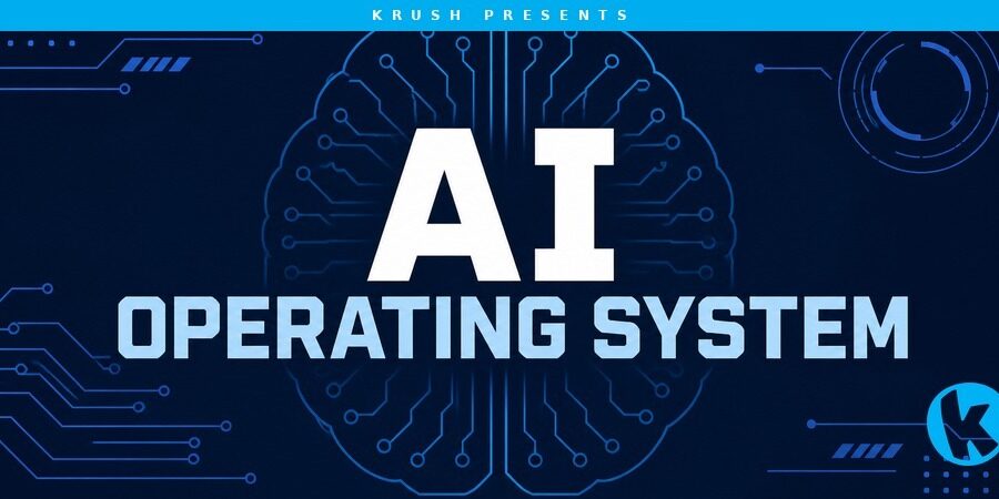 AI Operating System concept art with stylized brain made of glowing blue circuit lines on a dark navy background, representing connected AI agents for mid-size businesses