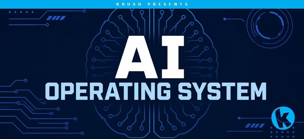 AI Operating System for Mid-Size Business AI Operating System concept art with stylized brain made of glowing blue circuit lines on a dark navy background, representing connected AI agents for mid-size businesses